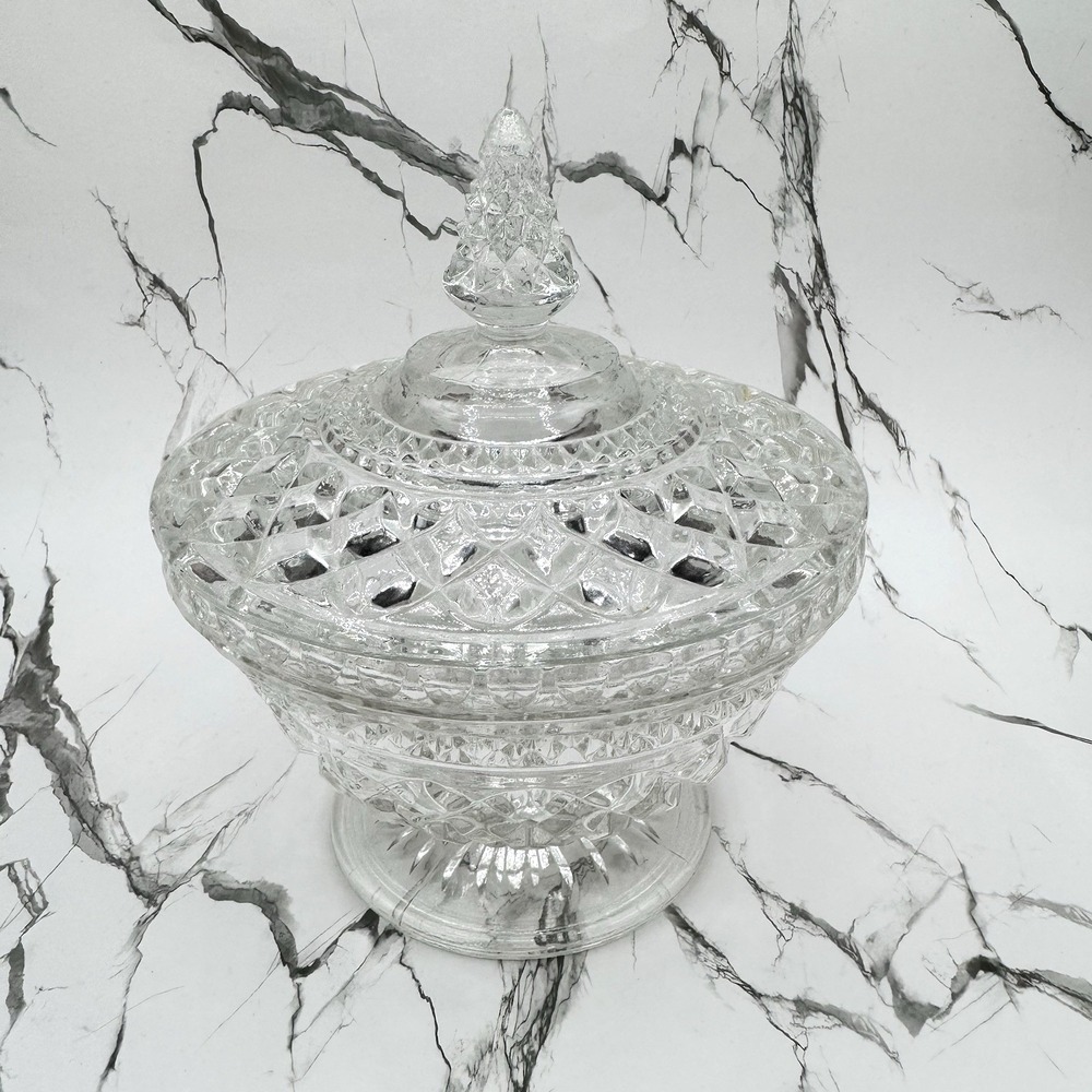 Vtg Anchor Hocking‎ Wexford Clear Glass Pedestal Candy Dish w Lid MCM Grannycore